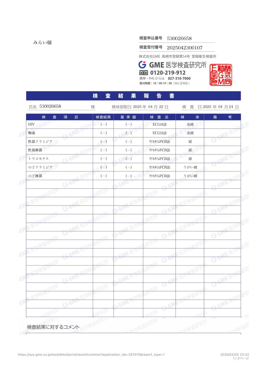 セナの性病検査証明書
